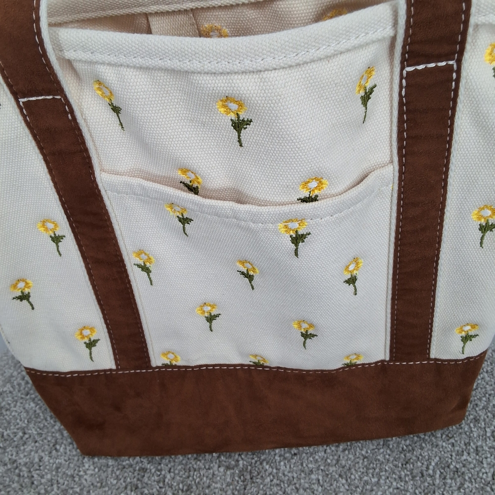Lands' End Cream Canvas Tote with Yellow Flower Embroidery and Brown Trim - Picture 3 of 8